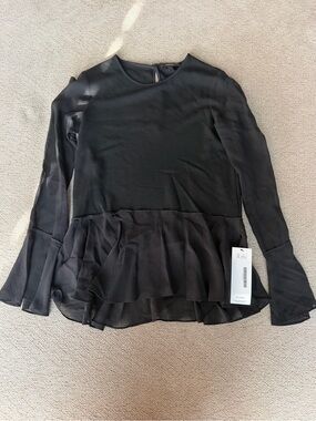 Theory Black Sheer Sleeve Peplum Blouse Keyhole Back Size P